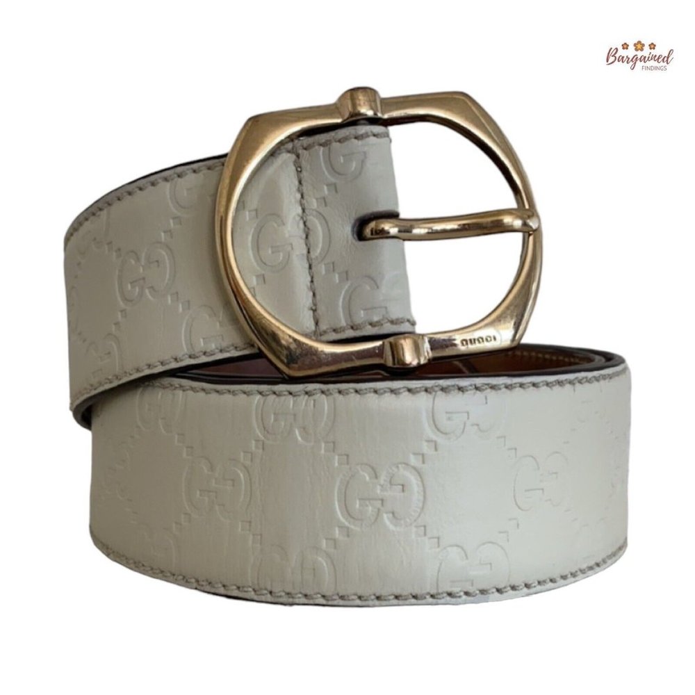 Authentic Gucci Cream GG Embossed Signature Leather Gold Pin Buckle Belt 90/36